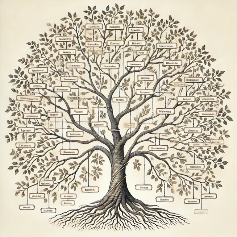Dall·e 2025 02 13 11.30.42 A Detailed Elegant Family Tree Illustration With Branches Extending From A Central Trunk. Each Branch Represents Different Generations With Names An