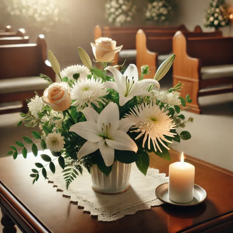 Dall·e 2025 02 13 11.54.04 A Peaceful And Solemn Image Of Flowers Arranged In A Funeral Home With Soft And Respectful Tones. The Flowers Should Include White Lilies Roses And