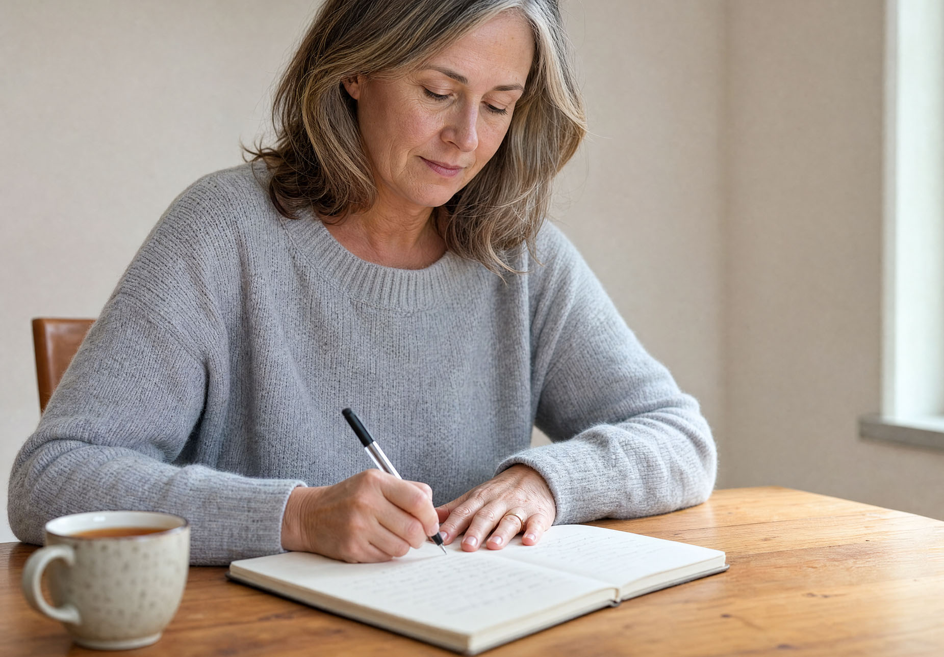 Woman writing in a notebook at a kitchen table